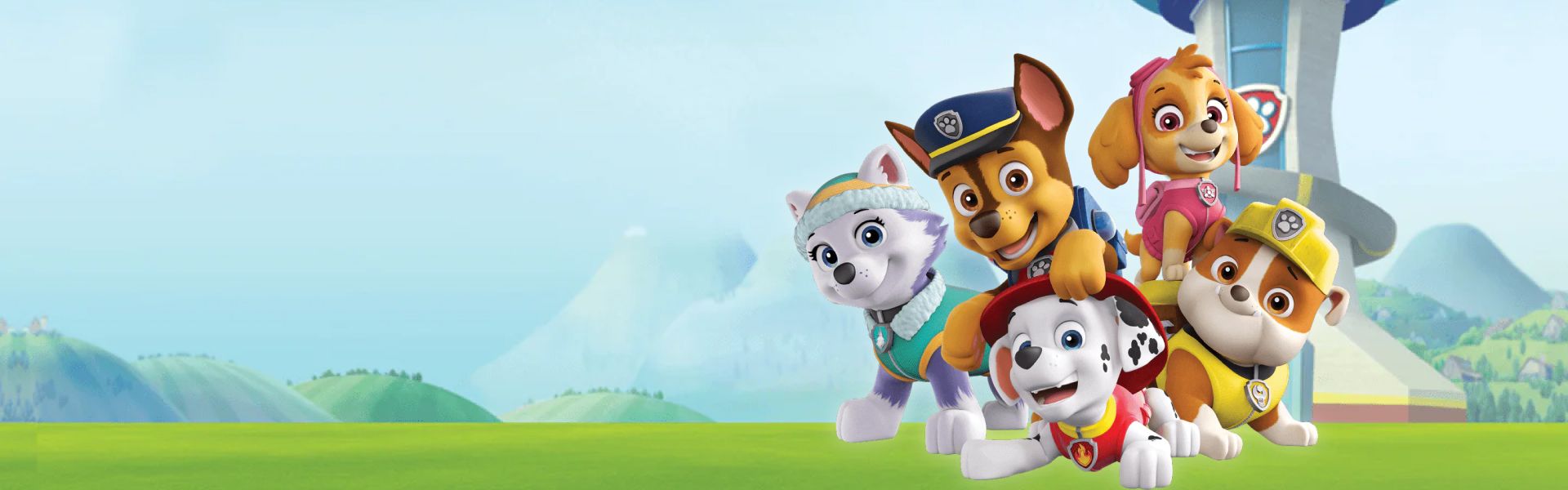 Text Reading "Shop Your Paw-Some Toys. Click on 'Shop the Latest' button to shop the latest Paw Patrol Toys" On the right side, there are 5 Paw Patrol movie characters.